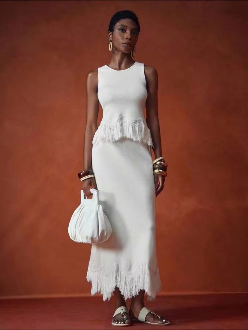 Ivory Fringe Knit Maxi Dress